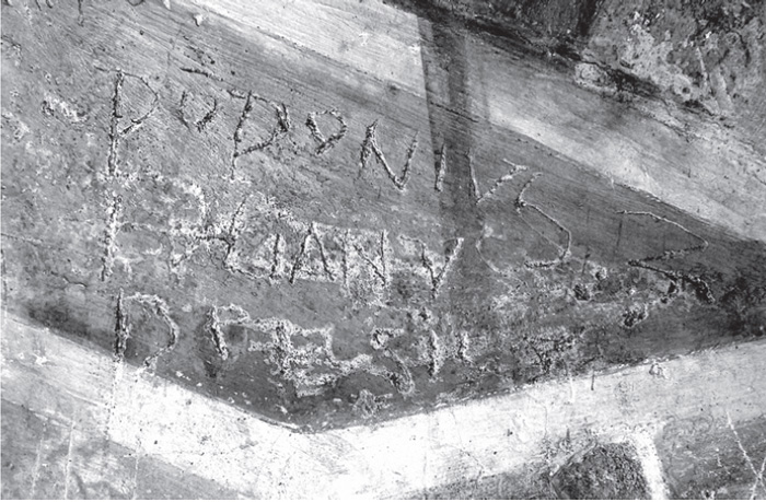 Fig.12 : Cori. Oratorio della SS. Annunziata. Iscrizione graffita, ultimo ventennio del Quattrocento.