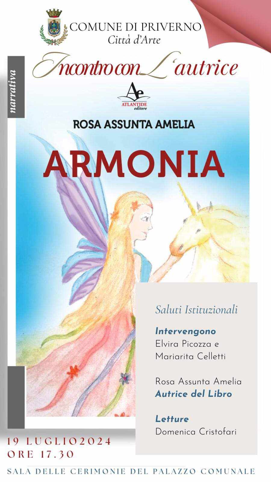 Priverno: presentazione libro ''Armonia'' di Rosa Assunta Amelia @ Sala delle cerimonie del palazzo comunale, Priverno